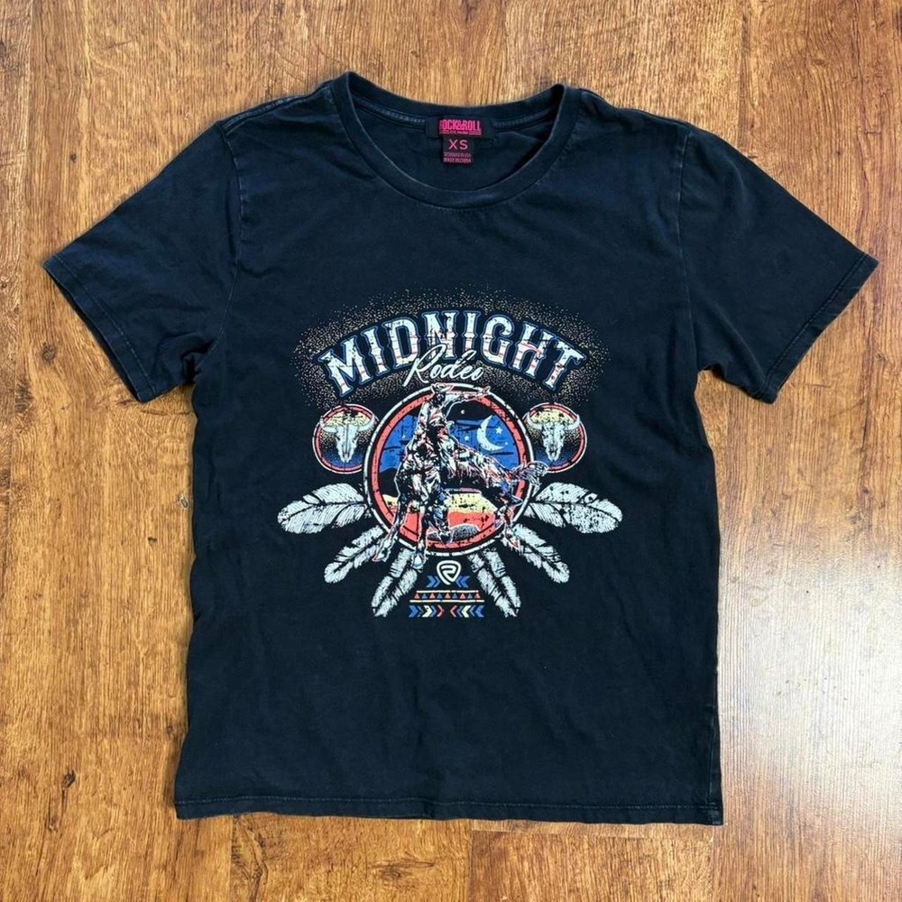 Rock & Roll Denim Midnight Rodeo Graphic T-Shirt Faded Black Western XS